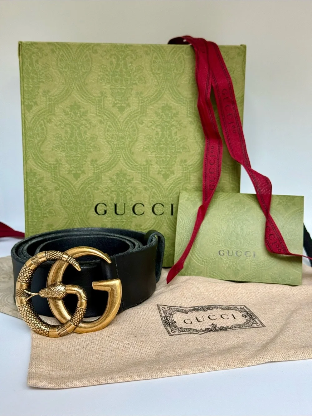 Authentic Gucci Kingsnake GG Buckle Leather Belt | Box, Dust Bag Included